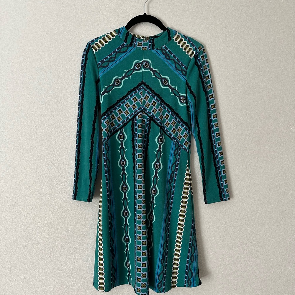 Free People Green Blue Boho Fit & Flare Stretch Mock Neck Mini Dress Size XS TP